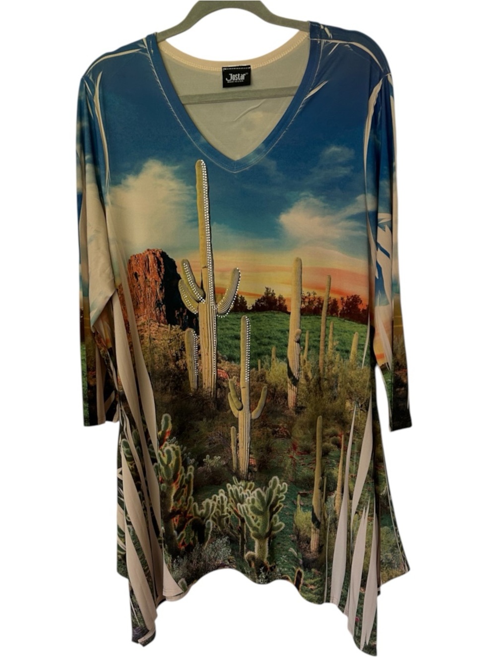 Jostar Women's Southwest Cactus Landscape Tunic Top Rhinestone Sharkbite Sz XL